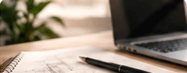 Planos arquitectónicos, cuaderno de trabajo y computadora